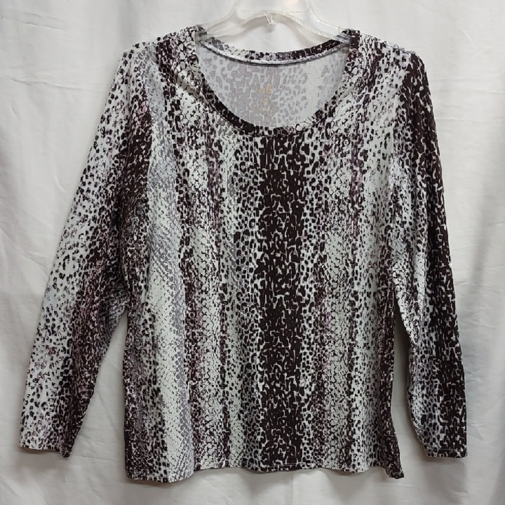 Belle by Kim Gravel Brown Gray Print Long Sleeve Blouse